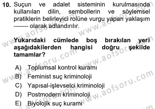 Suç Sosyolojisi Dersi 2025 - 2026 Yılı (Vize) Ara Sınav Soruları 10. Soru