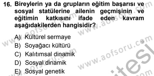 Türkiye´nin Toplumsal Yapısı Dersi Ara Sınavı Deneme Sınav Soruları 16. Soru