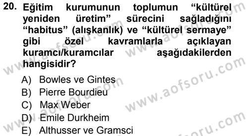 Türkiye´nin Toplumsal Yapısı Dersi 2012 - 2013 Yılı (Vize) Ara Sınav Soruları 20. Soru