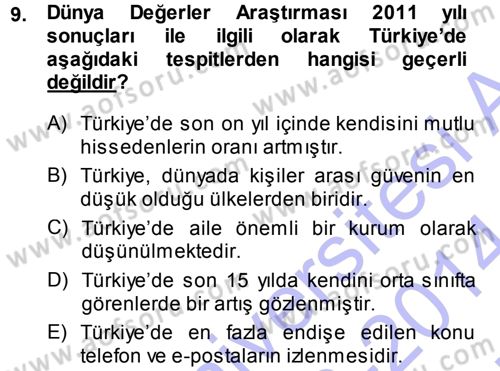 Türkiye´nin Toplumsal Yapısı Dersi Ara Sınavı Deneme Sınav Soruları 9. Soru