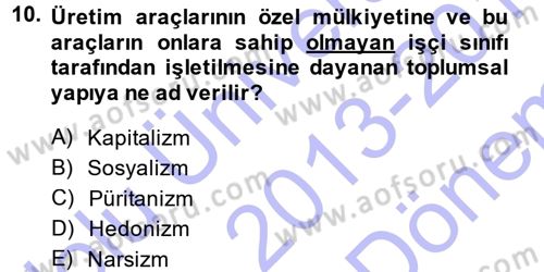 Türkiye´nin Toplumsal Yapısı Dersi 2013 - 2014 Yılı (Final) Dönem Sonu Sınav Soruları 10. Soru