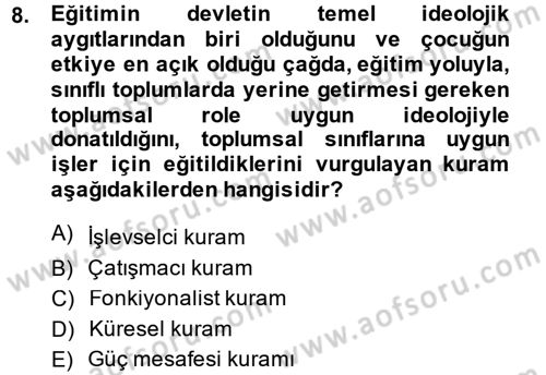 Türkiye´nin Toplumsal Yapısı Dersi 2014 - 2015 Yılı (Final) Dönem Sonu Sınav Soruları 8. Soru