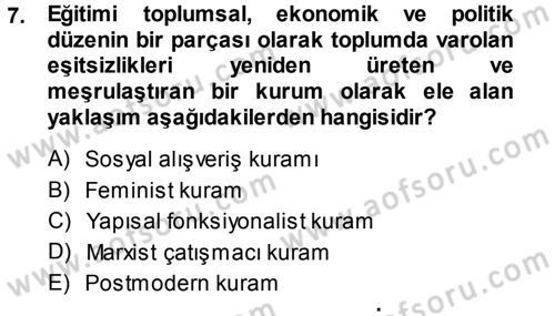 Türkiye´nin Toplumsal Yapısı Dersi 2014 - 2015 Yılı Tek Ders Sınav Soruları 7. Soru
