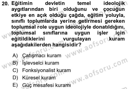 Türkiye´nin Toplumsal Yapısı Dersi 2015 - 2016 Yılı (Final) Dönem Sonu Sınav Soruları 20. Soru