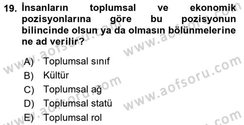 Türkiye´nin Toplumsal Yapısı Dersi 2015 - 2016 Yılı Tek Ders Sınavı 19. Soru