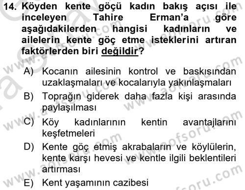 Türkiye´nin Toplumsal Yapısı Dersi Ara Sınavı Deneme Sınav Soruları 14. Soru