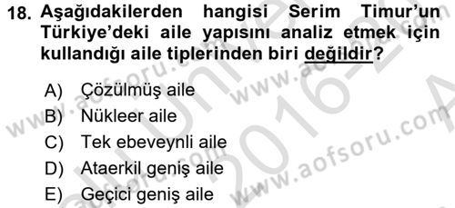 Türkiye´nin Toplumsal Yapısı Dersi Ara Sınavı Deneme Sınav Soruları 18. Soru