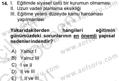 Türkiye´nin Toplumsal Yapısı Dersi Ara Sınavı Deneme Sınav Soruları 14. Soru