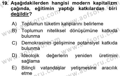 Türkiye´nin Toplumsal Yapısı Dersi 2017 - 2018 Yılı (Vize) Ara Sınav Soruları 19. Soru