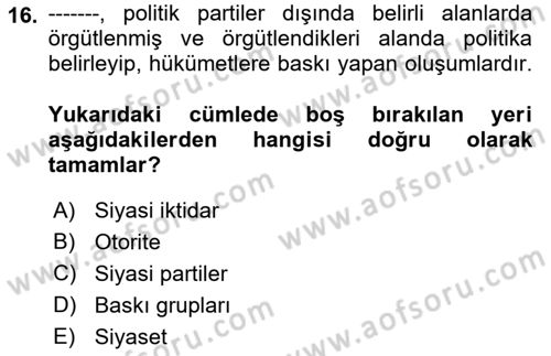 Türkiye´nin Toplumsal Yapısı Dersi Ara Sınavı Deneme Sınav Soruları 16. Soru