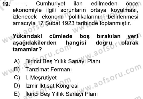 Türkiye´nin Toplumsal Yapısı Dersi Ara Sınavı Deneme Sınav Soruları 19. Soru