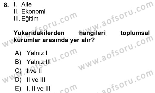 Türkiye´nin Toplumsal Yapısı Dersi Ara Sınavı Deneme Sınav Soruları 8. Soru