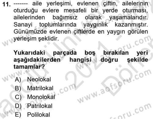 Türkiye´nin Toplumsal Yapısı Dersi 2021 - 2022 Yılı (Final) Dönem Sonu Sınav Soruları 11. Soru