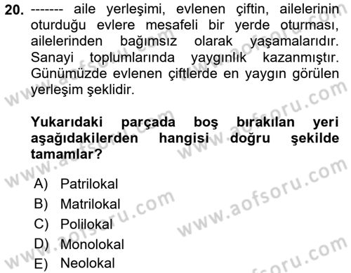 Türkiye´nin Toplumsal Yapısı Dersi 2023 - 2024 Yılı (Final) Dönem Sonu Sınav Soruları 20. Soru