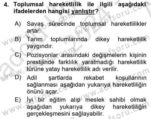 Türkiye´nin Toplumsal Yapısı Dersi Ara Sınavı Deneme Sınav Soruları 4. Soru