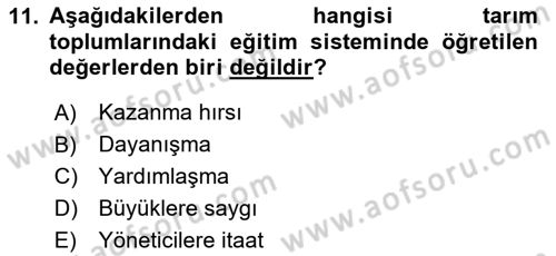 Türkiye´nin Toplumsal Yapısı Dersi 2024 - 2025 Yılı Yaz Okulu Sınav Soruları 11. Soru