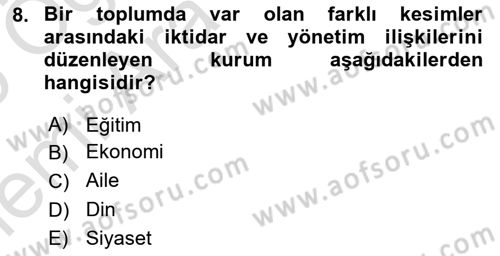 Türkiye´nin Toplumsal Yapısı Dersi 2025 - 2026 Yılı (Vize) Ara Sınav Soruları 8. Soru