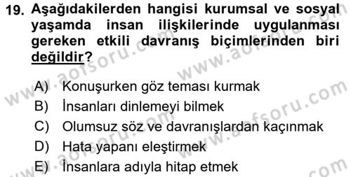 Sosyal Davranış ve Protokol Dersi 2015 - 2016 Yılı (Final) Dönem Sonu Sınav Soruları 19. Soru