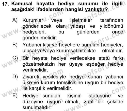 Sosyal Davranış ve Protokol Dersi 2018 - 2019 Yılı (Vize) Ara Sınavı 17. Soru