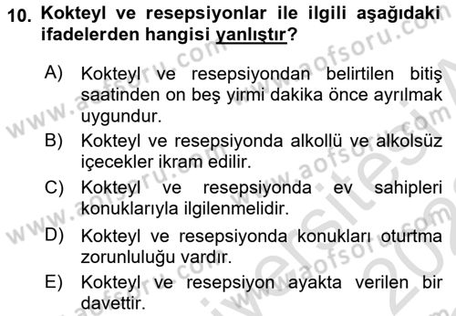 Sosyal Davranış ve Protokol Dersi 2021 - 2022 Yılı Yaz Okulu Sınavı 10. Soru