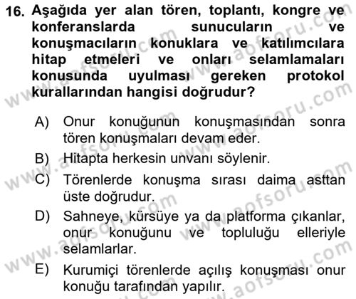 Sosyal Davranış ve Protokol Dersi 2021 - 2022 Yılı Yaz Okulu Sınav Soruları 16. Soru
