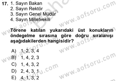 Sosyal Davranış ve Protokol Dersi 2023 - 2024 Yılı (Final) Dönem Sonu Sınav Soruları 17. Soru