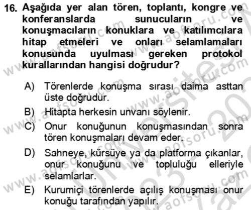 Sosyal Davranış ve Protokol Dersi 2023 - 2024 Yılı Yaz Okulu Sınav Soruları 16. Soru
