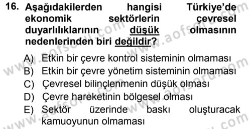 Çevre Sosyolojisi Dersi Ara Sınavı Deneme Sınav Soruları 16. Soru