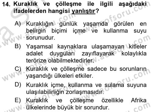 Çevre Sosyolojisi Dersi Ara Sınavı Deneme Sınav Soruları 14. Soru