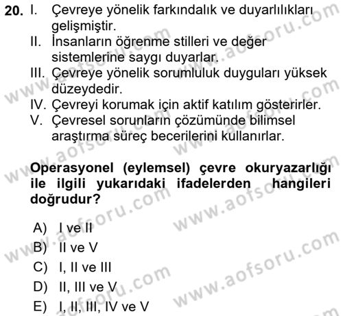 Çevre Sosyolojisi Dersi 2021 - 2022 Yılı Yaz Okulu Sınavı 20. Soru