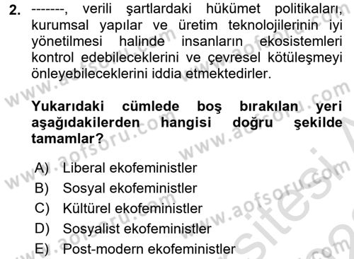 Çevre Sosyolojisi Dersi 2022 - 2023 Yılı (Vize) Ara Sınav Soruları 2. Soru