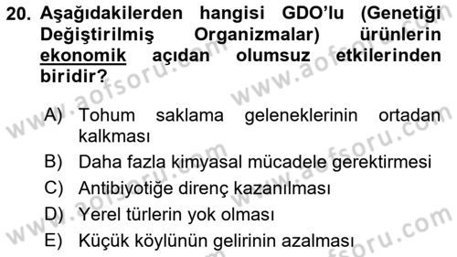 Çevre Sosyolojisi Dersi 2022 - 2023 Yılı (Vize) Ara Sınav Soruları 20. Soru