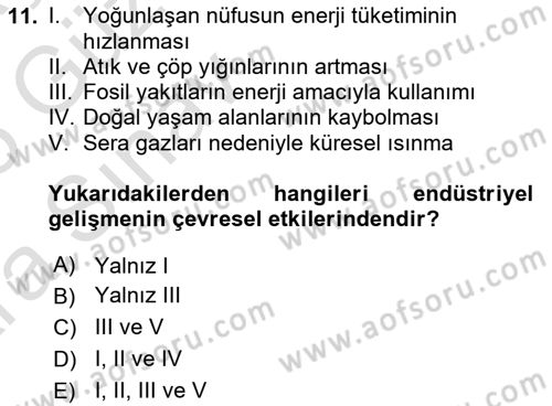 Çevre Sosyolojisi Dersi Ara Sınavı Deneme Sınav Soruları 11. Soru