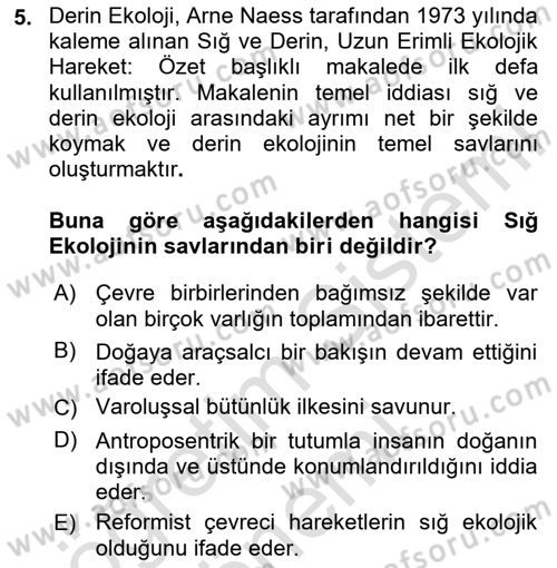 Çevre Sosyolojisi Dersi Ara Sınavı Deneme Sınav Soruları 5. Soru