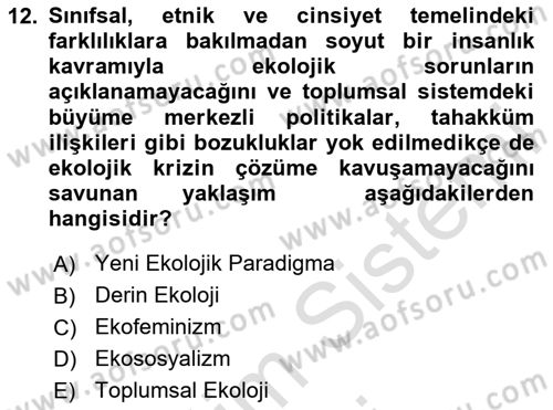 Çevre Sosyolojisi Dersi 2024 - 2025 Yılı (Final) Dönem Sonu Sınav Soruları 12. Soru