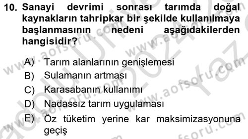 Çevre Sosyolojisi Dersi 2024 - 2025 Yılı Yaz Okulu Sınav Soruları 10. Soru