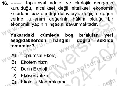 Çevre Sosyolojisi Dersi 2024 - 2025 Yılı Yaz Okulu Sınav Soruları 16. Soru
