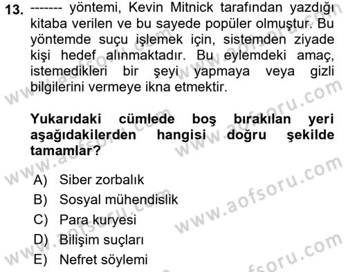 Sosyal Medya Sosyolojisi Dersi 2020 - 2021 Yılı Yaz Okulu Sınav Soruları 13. Soru