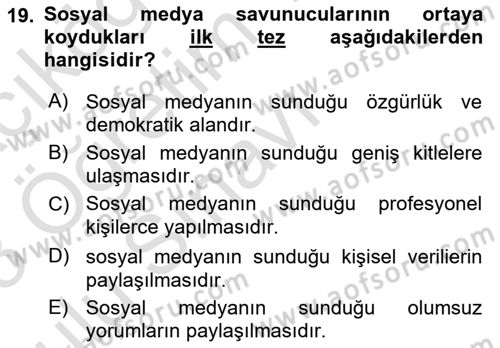 Sosyal Medya Sosyolojisi Dersi 2022 - 2023 Yılı Yaz Okulu Sınav Soruları 19. Soru