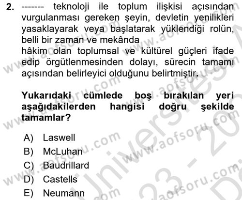 Sosyal Medya Sosyolojisi Dersi 2023 - 2024 Yılı (Vize) Ara Sınav Soruları 2. Soru