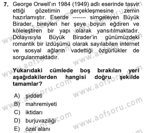 Sosyal Medya Sosyolojisi Dersi 2023 - 2024 Yılı Yaz Okulu Sınav Soruları 7. Soru
