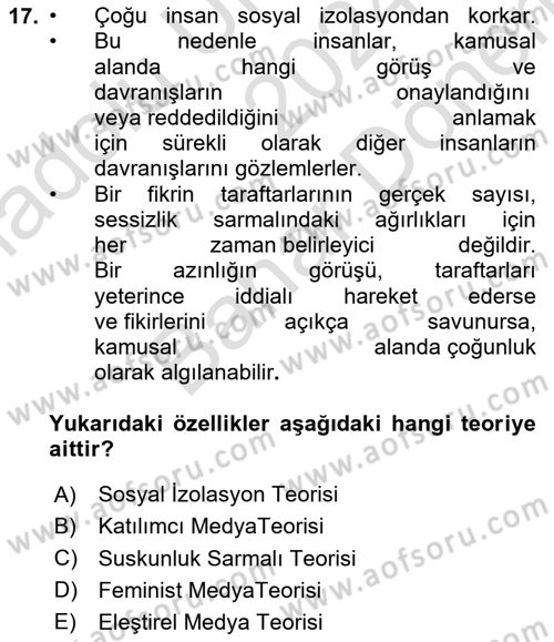 Sosyal Medya Sosyolojisi Dersi 2024 - 2025 Yılı (Final) Dönem Sonu Sınav Soruları 17. Soru