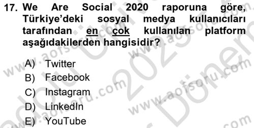 Sosyal Medya Sosyolojisi Dersi 2025 - 2026 Yılı (Final) Dönem Sonu Sınav Soruları 17. Soru