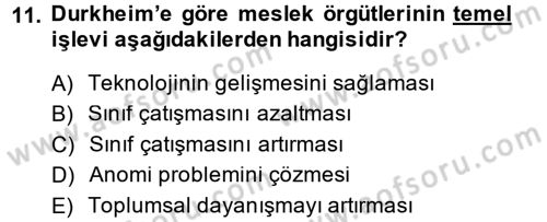Çalışma Sosyolojisi Dersi 2014 - 2015 Yılı (Final) Dönem Sonu Sınav Soruları 11. Soru