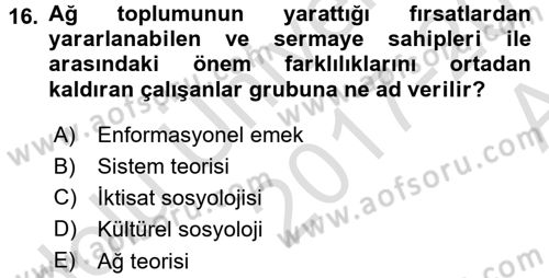 Çalışma Sosyolojisi Dersi Ara Sınavı Deneme Sınav Soruları 16. Soru