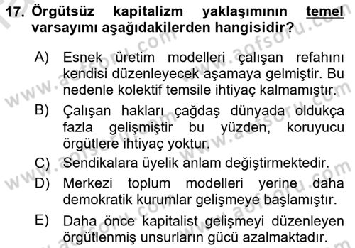 Çalışma Sosyolojisi Dersi 2017 - 2018 Yılı (Vize) Ara Sınav Soruları 17. Soru