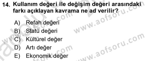 Çalışma Sosyolojisi Dersi 2018 - 2019 Yılı 3 Ders Sınavı 14. Soru