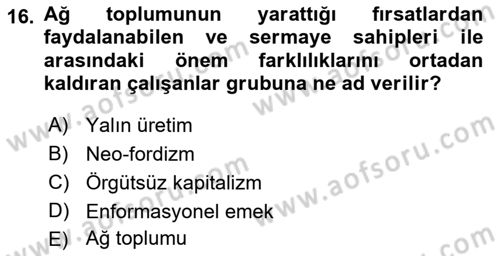 Çalışma Sosyolojisi Dersi 2018 - 2019 Yılı (Vize) Ara Sınav Soruları 16. Soru