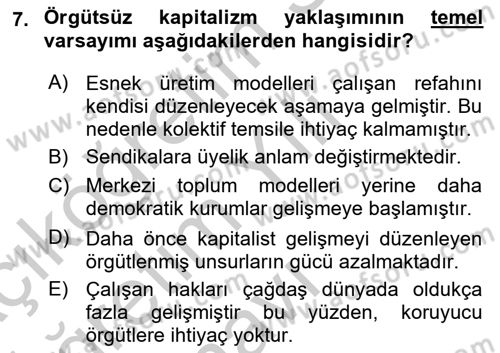 Çalışma Sosyolojisi Dersi 2018 - 2019 Yılı Yaz Okulu Sınav Soruları 7. Soru