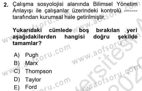 Çalışma Sosyolojisi Dersi 2019 - 2020 Yılı (Vize) Ara Sınavı 2. Soru